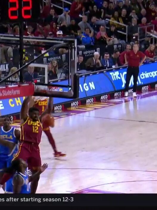 USC Rashaun Agee throws a two handed dunk reducing the