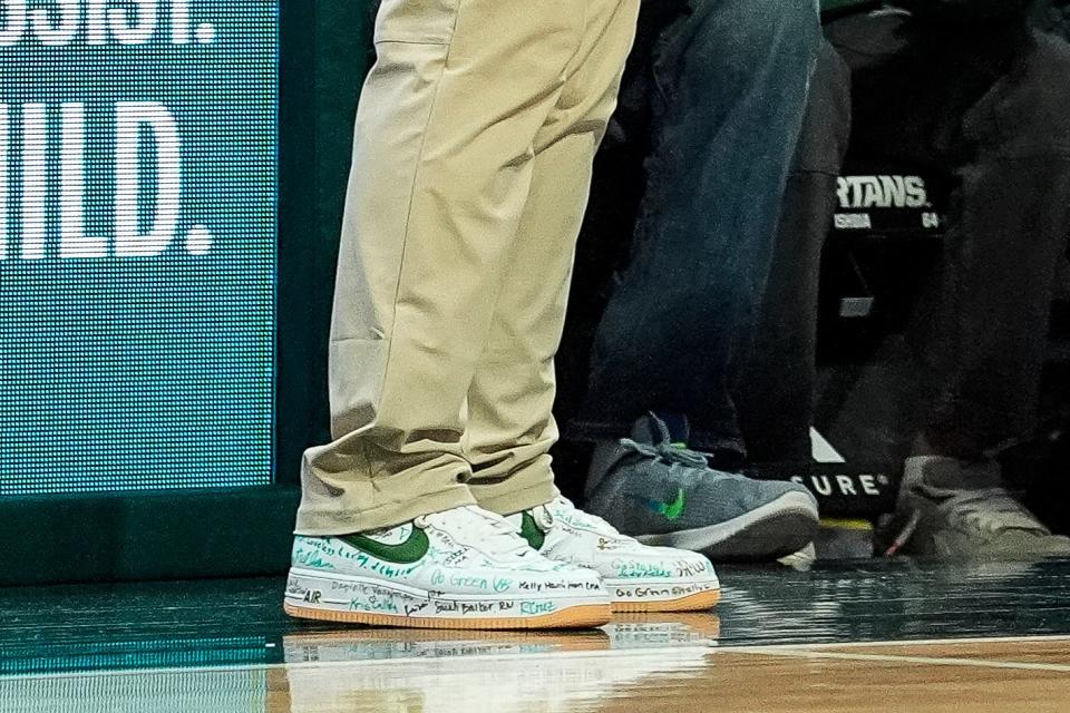 What was the writing on the shoes of the Basketball